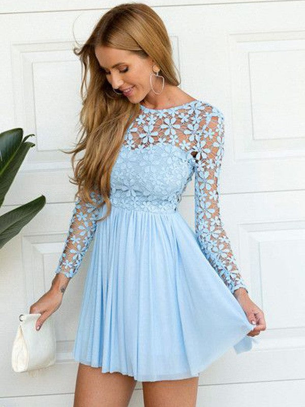 Wholesale A-Line/Princess Scoop Long Sleeves Lace Short/Mini Chiffon Dresses